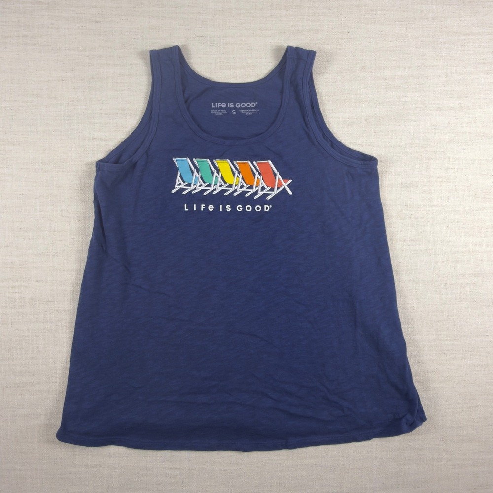 Life Is Good Womens Navy Blue Beach Chairs Graphic Crusher Tank Top Size Small